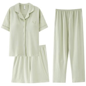 miiow | Pure Cotton Sleepwear Womens Summer Short Sleeve With Chest Pad 2025 New Style Outdoor Wearable Home Clothes Three-Piece Set