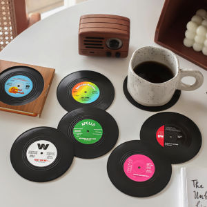 Creative Retro Vinyl Record Cup Mat 6 Pieces Set Cultural Relics Props round Shape Black Color Dining Table Decorations