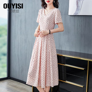 Elegant French Style Slim Fit Polka Dot Print Summer Dress for Women Euroisy Silk Chiffon mid Length A-Line Gown V-Neck Short Sleeve