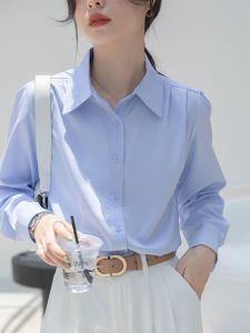 Blue Long Sleeve Womens Shirt Professional Formal Commute Korean Style POLO Collar Loose Fit Pure Color Career Interview Top