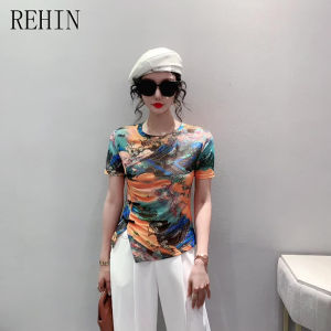 REHIN Womens T-shirt Retro trend style yellow mesh elegant fashion irregular printed short-sleeved shirt round neck tops