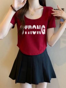 plus Size Womens Summer T-Shirt U-Neck Short Sleeve Red Color Conceals Belly Slimming Design Korean Style Casual Print Top