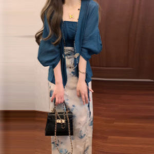 New Chinese Style National Trend Open Cardigan Strap Print Wrap around Mini Skirt Three Piece Set Unique Beautiful Early Autumn Small Set