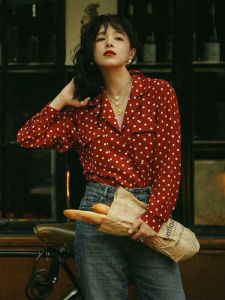 Red Wine Color Polka Dot Womens Shirt Vintage Hong Kong Style Sweet Suit Collar New 2025 Spring Commute Korean Version