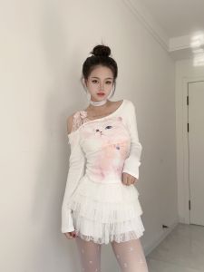 Pure Desire Lace Strap Long-Sleeved T-shirt Womens Autumn and Winter Oblique Shoulder Sweet and Spicy Cat Printing Slim Looking Inner Bottoming Top