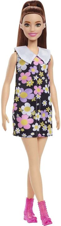 Barbie Fashionistas Doll #187 with Behind-The-Ear Hearing Aids, Brunette Ponytail, Shift Dress & Pink Boots HBV19
