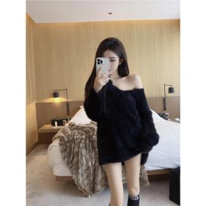 Pure Desire Style Womens V-neck Knitted Sweater Soft Plush Loose Lazy Spring Shoulder-baring Mink Velvet Knitwear