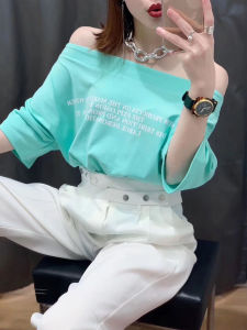 off-Shoulder Collar off-Shoulder Tops K-style Loose Slim Looking Student Hong Kong Style TikTok Summer Chic Diagonal Collar European Goods Large Board T-shirt