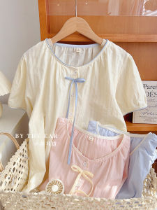 ชุดนอนผู้หญิงผ้าฝ้ายลายทางสไตล์ญี่ปุ่นบาง แขนสั้น กางเกงขายาว ชุดนอนสำหรับใส่อยู่บ้าน สามารถสวมใส่กลางแจ้งได้