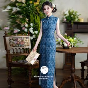 Blue Vintage Retro Chinese Style Sleeveless Cheongsam