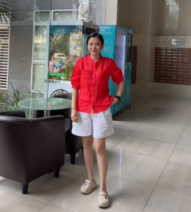 Áo sơ mi nữ cổ tàu tay lỡ chất LINEN TƠ Màu Đỏ. JUNE LINEN A46