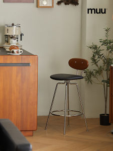 เก้าอี้บาร์สไตล์ย้อนยุค ไม้แท้ สแตนเลส ขาสูง สำหรับบ้าน รูปแบบเรียบง่าย ไม่มีแขน ไม่หมุน