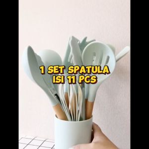 Spatula Silicone Set 12pcs Tahan Panas Kitchen Utensil + Bucket Set Spatula Silikon Non-stick Gagang Kayu CJ-1