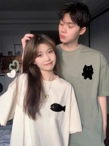 Couples Cotton T-Shirts Summer New Style Special Internet Celebrity Design Short Sleeve Casual Loose Fit Printed Tops