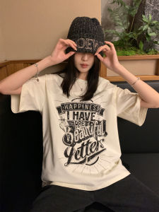 Ayi Casual American Retro Pure Cotton T-Shirt Women Summer Oversize Loose Washed Print Top Short Sleeve round Neck Tee