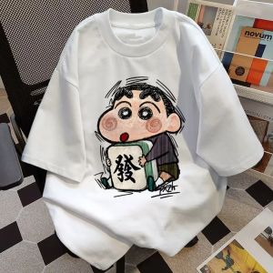 Bandai | Crayon Shin-Chan Japanese Cartoon Summer T-Shirts for Ladies 100% Cotton Vintage Short Sleeve O-Neck Tees Casual Tops