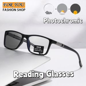 FYFS +75/+125/+175/ +275 Sports Photochromic Reading Glasses for Men Anti Blue Light Ultra Light Color Changing Presbyopia Glasses Square Cycling High-end Feeling Long Sighted Glasses with Grade