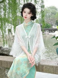 BAOYINFEI | Womens White Knitted Qipao Shawl Outerwear
