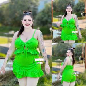 ชุดว่ายน้ำแฟชั่นสาวอวบ เซ็ต2ชิ้นสายเดี่ยวผูกโบว์ระบาย+กางเกงกระโปรงแต่งระบาย