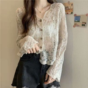 Spring 2022 V-Neck Lace Open Cardigan Long Sleeve Hollow out Loose Sun Protection Shirt Korean Style Original Design Mesh Net