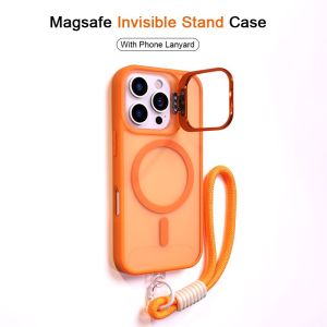Luxury Lens Stand Magsafe Magnetic Phone Case For iPhone 16 15 14 Plus 13 12 11 Pro Max Matte Translucent Hard Cover  For iPhone 16 Pro Max Shockproof Protective Casing（With Same Lanyard）