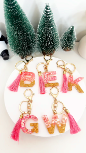 Pink Tassel 26 Letter Pendent Keychain Resin Keyrings Girls Bag Ornamant DIY Accessories Gifts