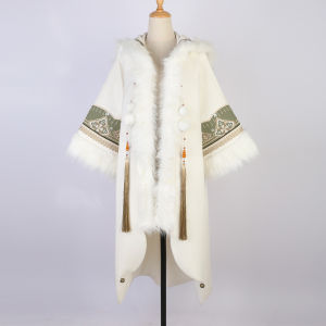 New Chinese Style Womens Long Coat with Hood And Fur Collar Winter Outerwear Hanfu Set Elegant Mysterious Misty Jiangguan Wu Mountain