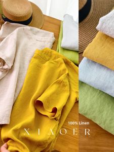 XIAOER | Áo Thun Nữ Tay Ngắn Form Rộng Slim 100% Gai Vải Linen Đã Qua Xử Lý