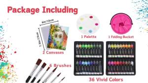 Acrylic Paint Set - Acrylic Paint 36 Colours 12ml Non-toxic Creamy Texture Art Craft Paints for PaintingRockStoneWoodFabricCrafts with 6 Brushes 2 Canvas 1 Palette 1 Folding Bucket