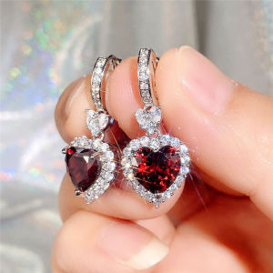 Huitan Xanh Dương/Garnet Trái Tim Đính Đá Cubic Zirconia Tòn Ten Bông Tai Nữ Trang Sức Thời Trang Tình Yêu Vĩnh Cửu Cưới Đính Hôn Phụ Kiện