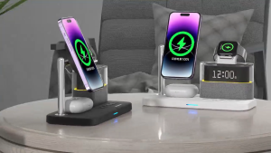 RICHMENT 5-in-1 Fast Wireless Charging Station Travel Charger Dock with MagSafe RGB Night Light Alarm Clock Compatible with Most Mobile Phones