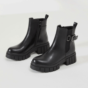 Desai Womens Wide Width Platform Chelsea Boots Faux Leather Chunky Lug Sole Buckle Combat Ankle Boots Comfortable Fall Winter