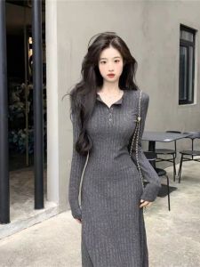 Gray Knitted Long Sleeve Sweater Dress Womens Autumn Winter Coat Inner Wear Slim Fit Wrap around Mini Dress French Style High Waist