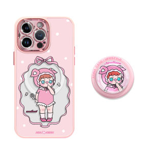 Pink Pig Girl Magnetic Absorption Anti-Fall Protection Case for  14 pro Max Original Cartoon Stand Shell Compatible with 15 Promax