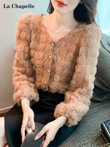 La Chapelle Womens Fashion Shirt Spring Autumn Heavy Work Design Sense 3D Flower Print V-neck Long Sleeve Loose Fit Top