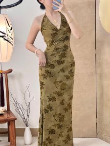 New Chinese Style V-neck Hanging Neck Dress Womens Flocking Elastic Pleated Waist-cinching Bodycon Strap Long Skirt