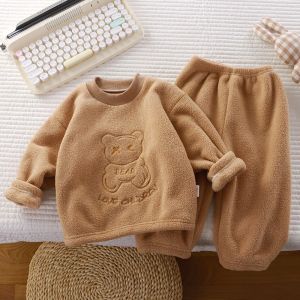 2-8 Year Old Childrens Korean Version Autumn Winter New with Thick Velvet Solid Color Cartoon Printed Warm Pajama Set