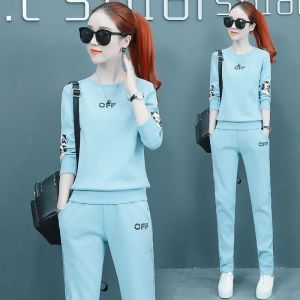 Women Casual Sport Set Outdoor Running Tracksuit Long Sleeves O-neck Letter Printing Slim Top and Pants Suit Female gym clothes