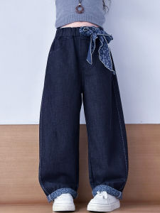 Thickened Fleece Straight Leg Jeans for Girls Autumn Winter New Style Korean Version Wide Leg Pants Elastic Waist Cotton Blend