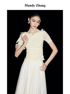 Elegant Yellow Stud Floral Gathered Off-Shoulder T-Shirt