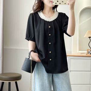 Áo Sơ Mi Nữ Tay Ngắn Cổ Tròn Rộng Rãi Phong Cách Hàn Quốc Mùa Hè 2025 Viền Hoa Tai Tay Ngắn Đơn Giản