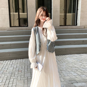 French Style White Dress Denim Vest Layering Initials Ageless Skirt Two-Piece Set High Waist A-Line Long Sleeve V-Neck Casual