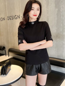 Slim Fit Diamond Embellished mid Sleeve Pure Cotton Base Shirt Early Spring New Style Five Sleeve T Shirt Korean Version Commute