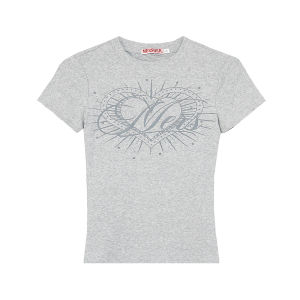 Sanowers American Style Spicy Sweet Heart Printed Rhinestone Short Sleeve T-Shirt for Women Summer Crewneck Cotton Polyester Blend