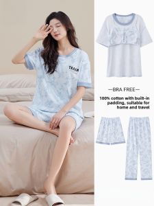 MiiOW | Pure Cotton Sleepwear Womens Short Sleeve Loose Casual Home Clothes Three-piece Set Summer Anti-vacuum Design Thin Fabric