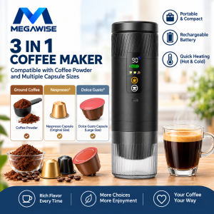 Megawise 3-in-1 Portable Coffee Maker Machine Compatible with Nespresso & Dolce Gusto Capsules & Coffee Powder Rechargeable Mini Espresso Maker for RV Hiking Camping Office Travel Espresso Maker