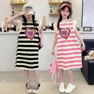 332LSSHOW Girl Summer Clothing Dress Girls Primary School Students Fashionable Princess Knitting T-shirt Skirt the Big Kids Summer Tide 9 Years Old 8