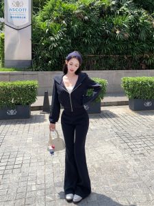 American Retro Lazy Long Sleeve Hoodie Jacket Womens Autumn Sports Set Micro Flared Casual Pants Two Piece Set Casual Style