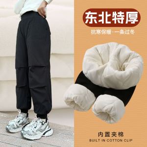 Thickened Cotton Work Pants for Girls Winter Outerwear Warm Fleece Lined Three Layer Cotton Trousers Childrens Outdoor Clothes