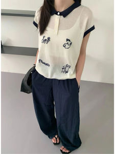 YUEZHONGWEI | Áo thun tay ngắn may thêu kiểu Pháp cho nữ mùa hè áo thun vải lanh sợi băng áo sơ mi cổ polo ôm vừa vặn áo thun thường ngày